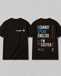 'I cannot speak English but I'm excited!' short sleeve tee - rectangular text brown design