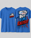 'I cannot speak English but I'm excited!' short sleeve tee - 'bam' blue soccer ball design