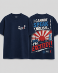 'I cannot speak English but I'm excited!' short sleeve tee - rising sun blue design