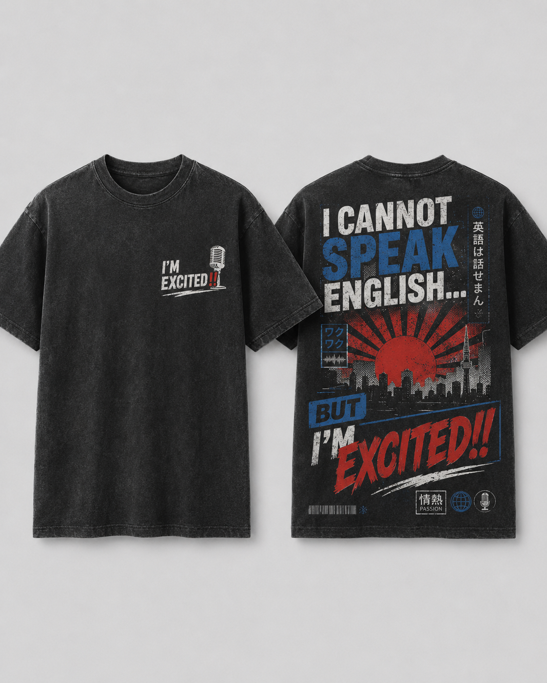 'I cannot speak English but I'm excited!' short sleeve tee - rising sun grey design